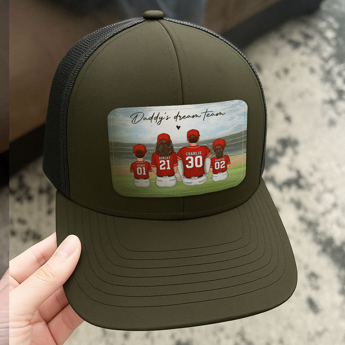 Baseball Daddy's Team Man & Kids Sitting Personalized Leather Patch Hat