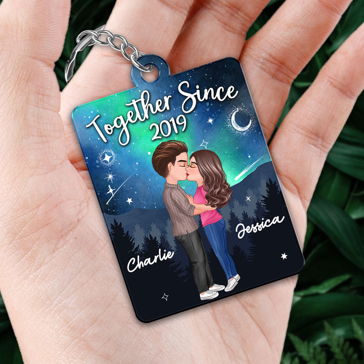 Doll Couple Kissing In Galaxy Night Favorite Song Scannable QR Code Personalized Acrylic Keychain