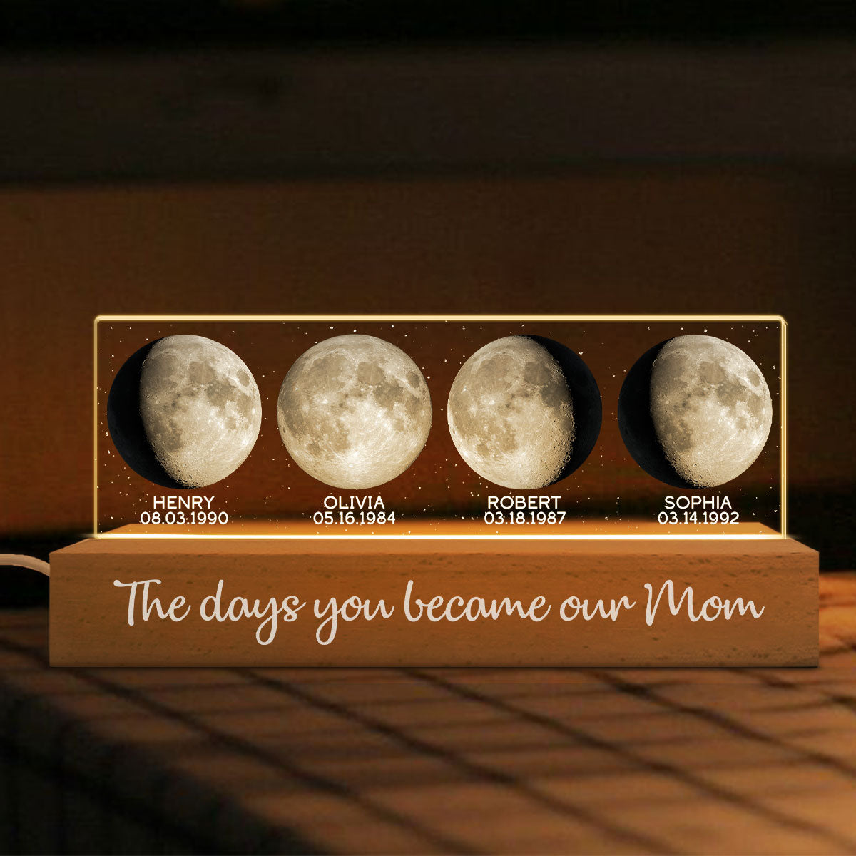 Custom Birth Moon Phase The Day You Become My Mom Personalized Acrylic Block LED Night Light, Gift