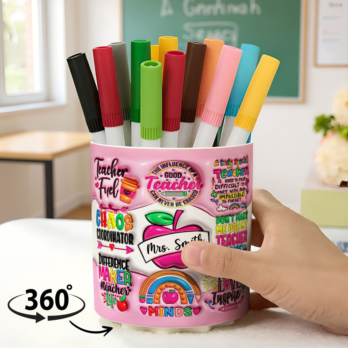 Teacher Fuel Chaos Ordinator 3D Inflated Effect Personalized Rotating Pen Holder, Teacher Appreciation Gift, Back To School Gift
