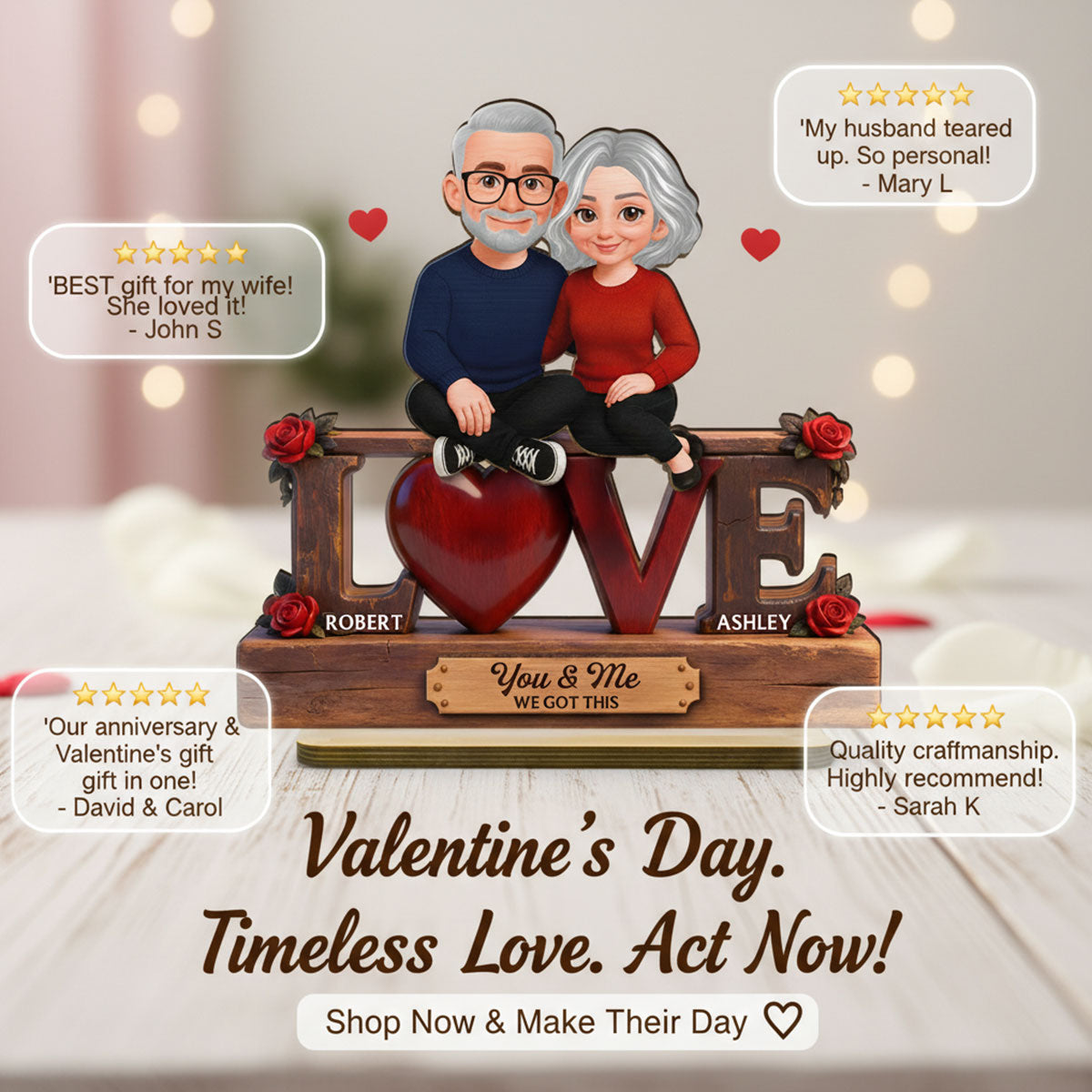 Roses LOVE Couple Sitting Embracing - Personalized 2-Layered Wooden Plaque - Valentine's Day Gift For Couple, For Him, For Her