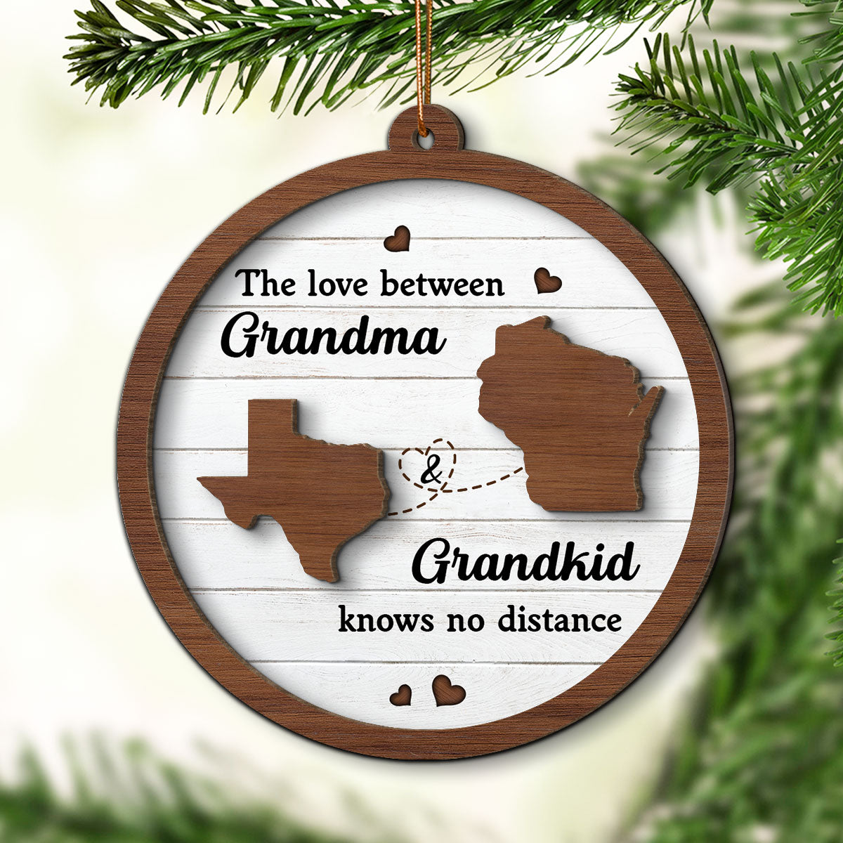 Grandkids Long Distance State Map Personalized 2-Layer Wooden Ornament, Christmas Gift For Grandma