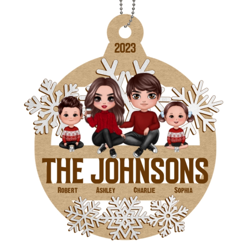 Snowflake Family Sitting Personalized Wooden Ornament