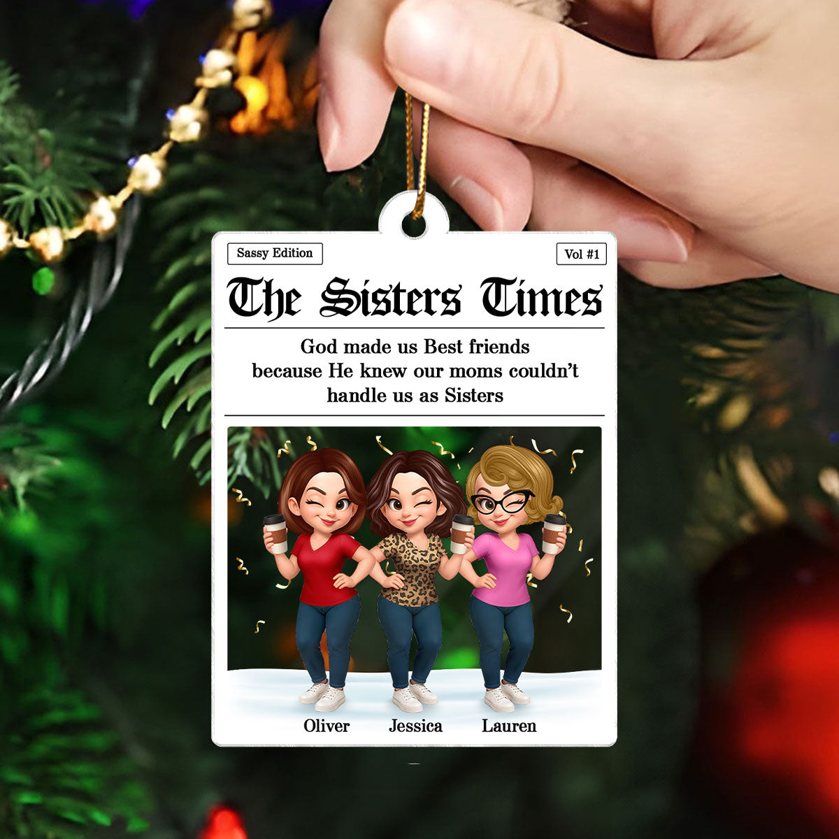 Newspaper Besties Sisters Friends Personalized Acrylic Ornament, Christmas Gift