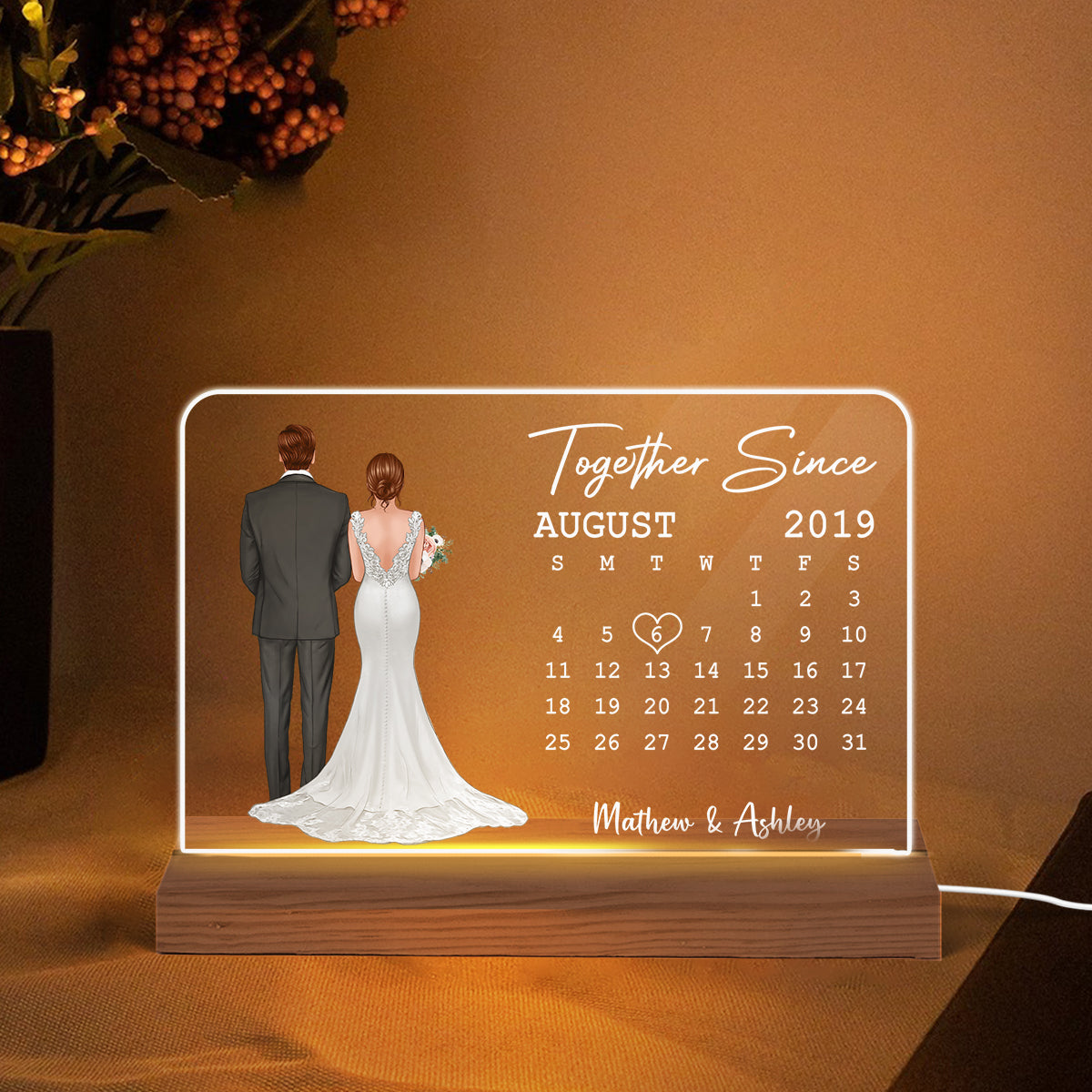 Back View Couple Wedding Anniversary Date Calendar Bride & Groom Rectangle Personalized Custom Shape Acrylic Plaque With LED Night Light - Anniversary Gift For Couple - Gift For Him - Gift For Her