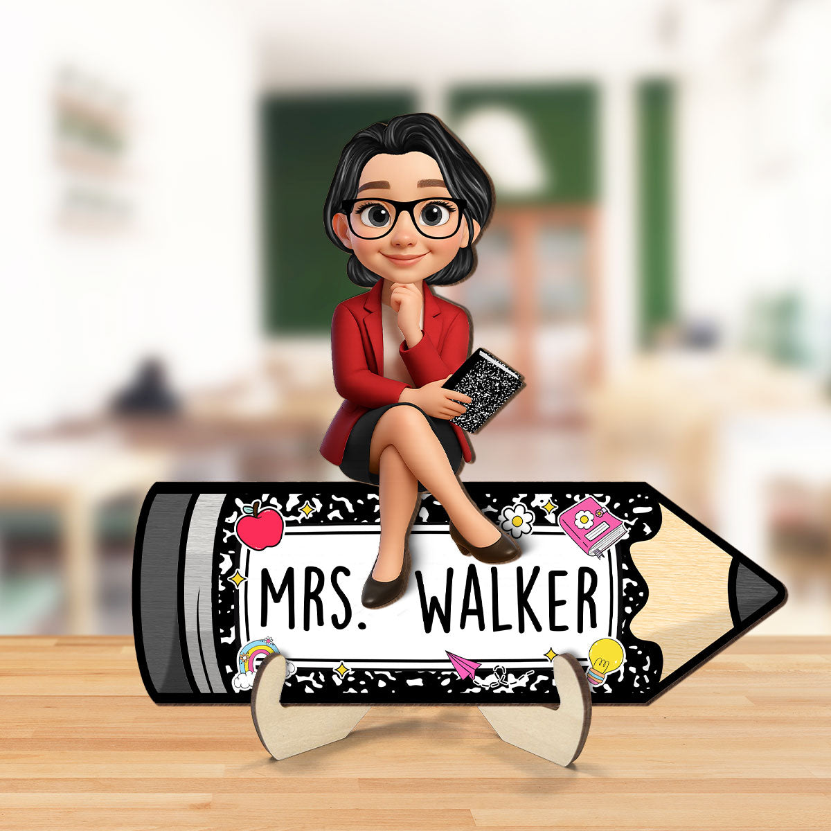 Teacher Sitting on Pencil Composition Book Pattern Personalized 2-Layered Wooden Plaque, Desk Decor for Classroom