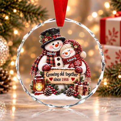 Snowman Couple Hugging Growing Old Together - Personalized Glass Ornament - Heartfelt Christmas Gift for Her, for Him
