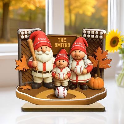 Fall Season Baseball Gnome Family 3D Effect Personalized Standing Wooden Plaque