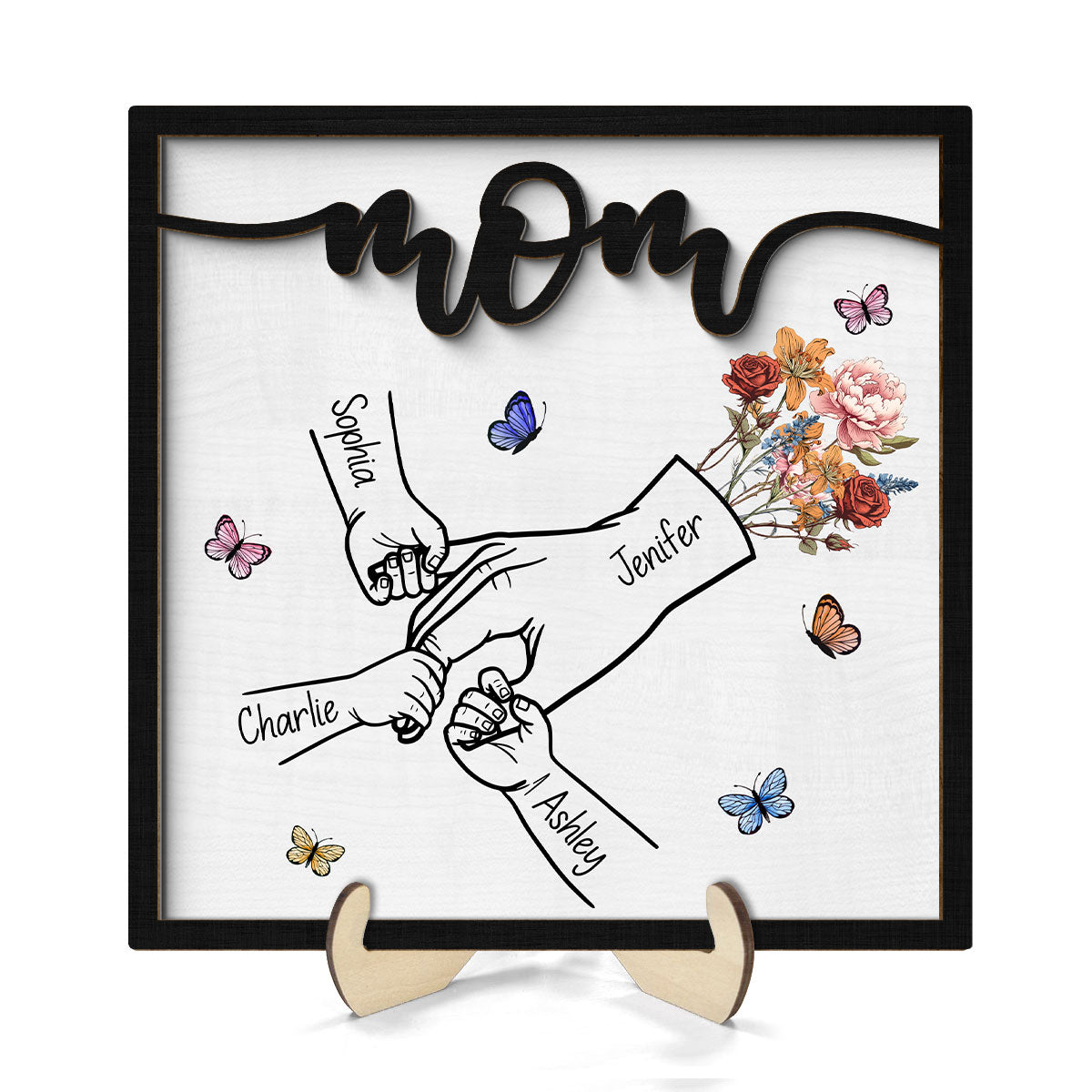 Kids Holding Mom‘s Hand Vintage Birth Month Flowers Personalized 2-Layer Wooden Plaque