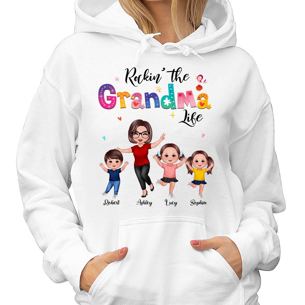 Colorful Floral Pattern Rockin‘ The Grandma Life Happy Doll Grandma & Grandkids Personalized Shirt