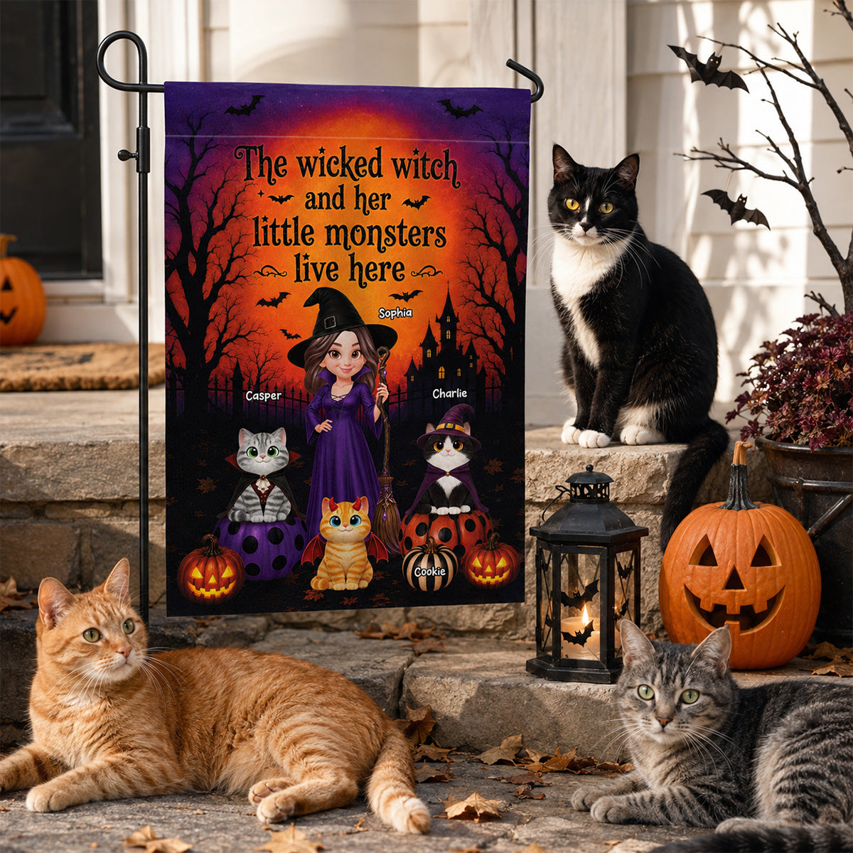 Halloween Wicked Witch And Little Monters Cats - Personalized Garden Flag
