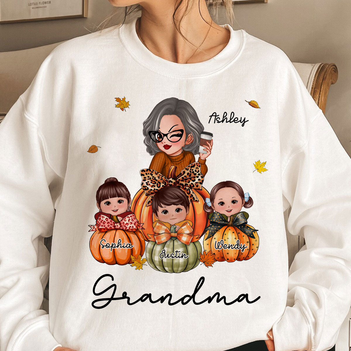 Grandma Mom Kids On Pumpkin Personalized Shirt, Fall Season Gift For Mom Grandma