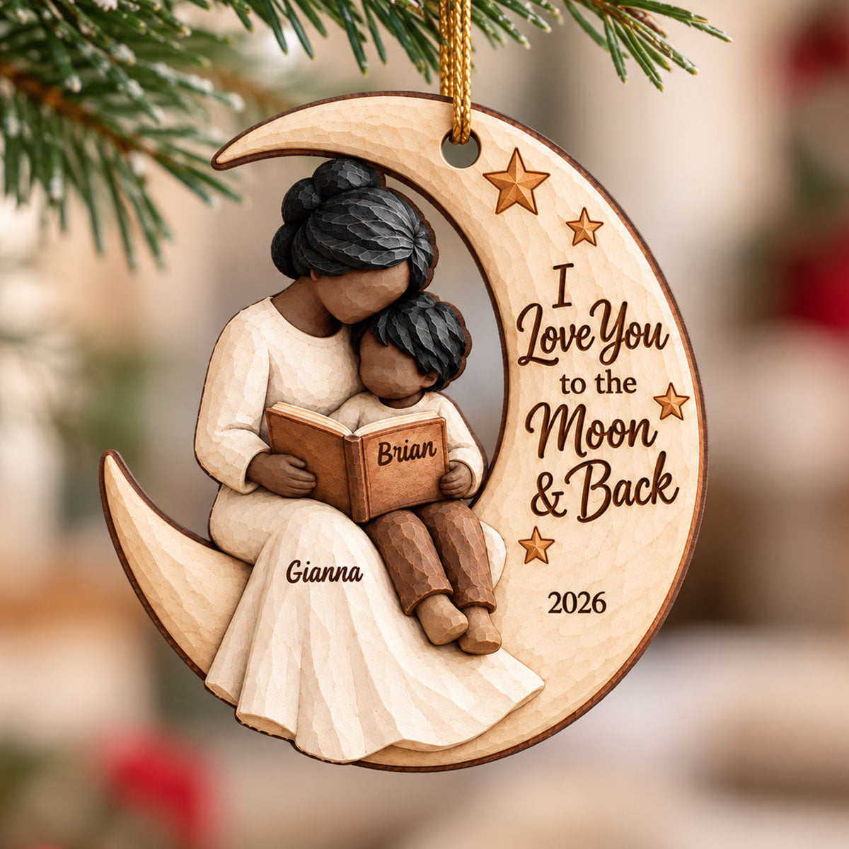 Grandma Grandkid Reading On Moon 2D Flat Printed - Personalized Wooden Ornament - Christmas Gift For Grandkid, Grandson, Granddaughter