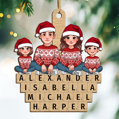 Animated Family Sitting On Wooden Blocks Names Personalized Wooden Ornament, Christmas Gift For Family
