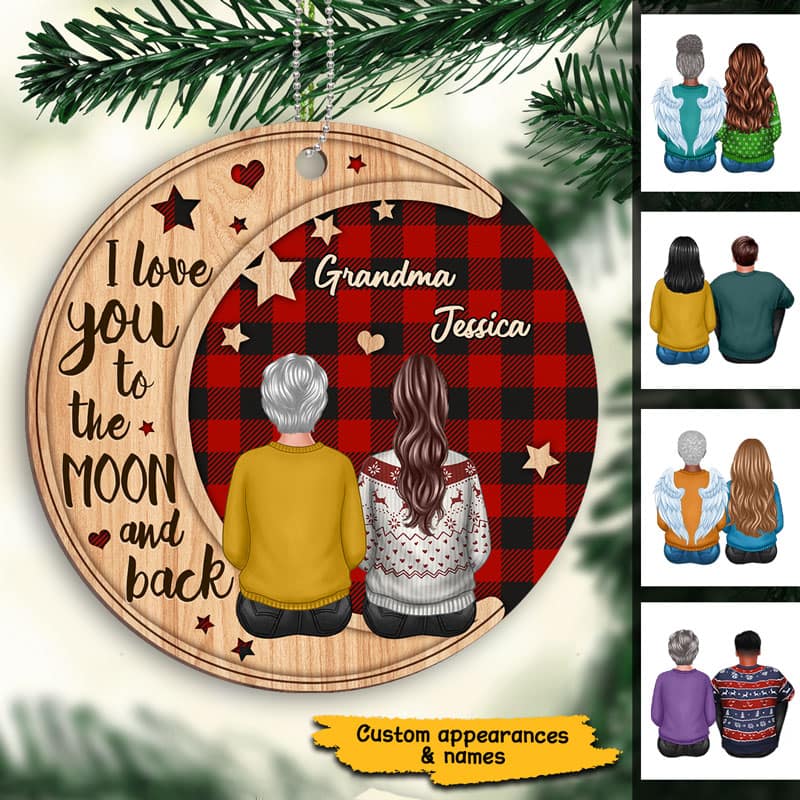 Checkered Pattern Grandma Adult Grandkid On Moon Personalized Wooden Ornament