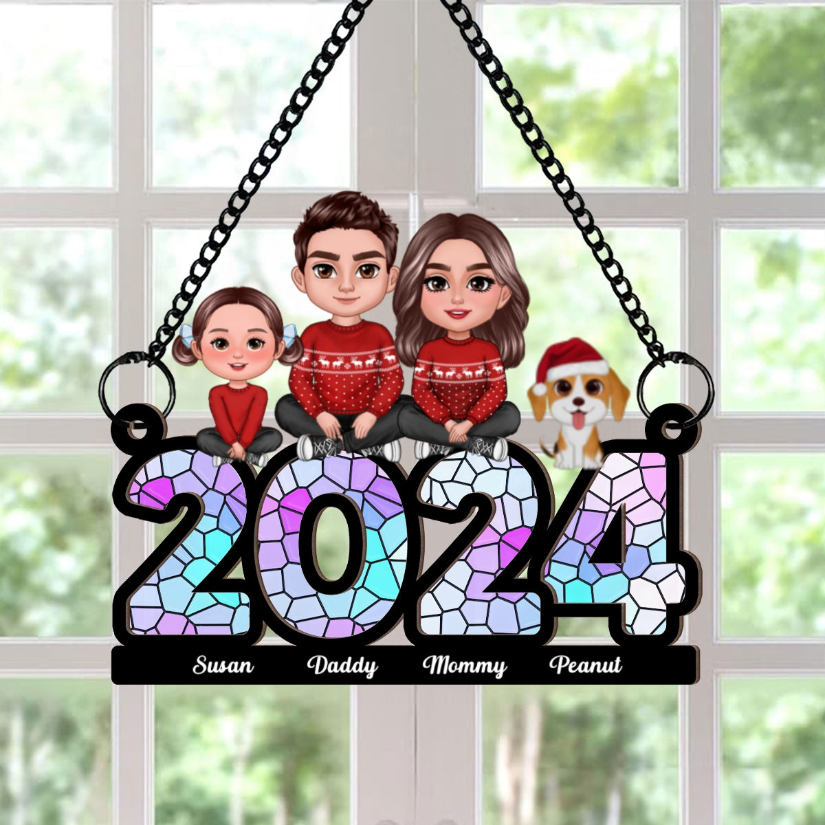 Family Sitting 2024 Personalized Window Hanging Suncatcher Ornament, Christmas Decor
