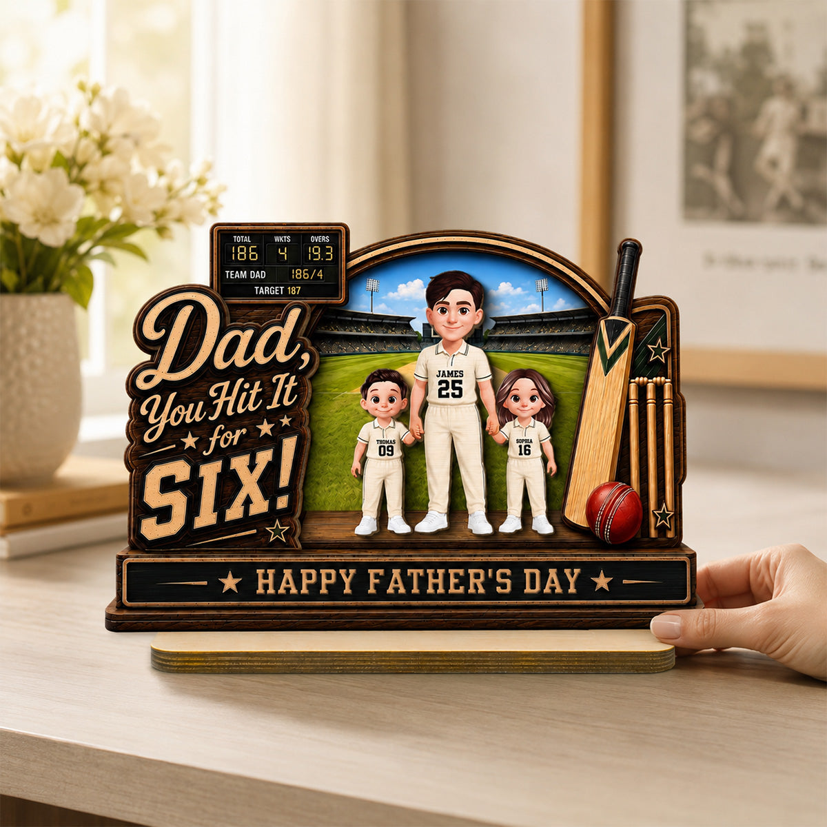 Hit A Six With The Best Dad Cricket Dad & Kids On Court - Personalised 2-Layered Wooden Plaque - Father's Day Gift For Husband, Dad
