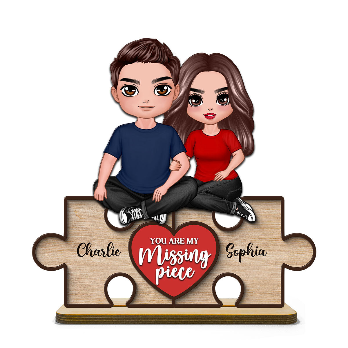 Couple Sitting On Puzzle Pieces You Are The Missing Piece To My Heart Personalized 2-Layer Standing Wooden Plaque, Heartfelt Gift For Couple, For Him, For Her, Boyfriend, Girlfriend, Husband, Wife
