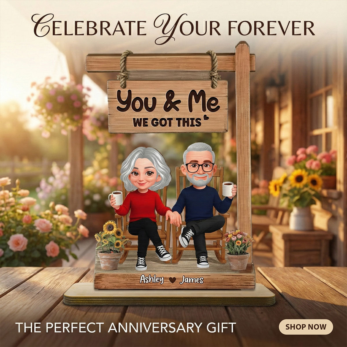 3D Effect Old Couple Sitting Together - Personalized 2-Layered Wooden Plaque - Anniversary, Valentine's Day Gift For Him, Gift For Her
