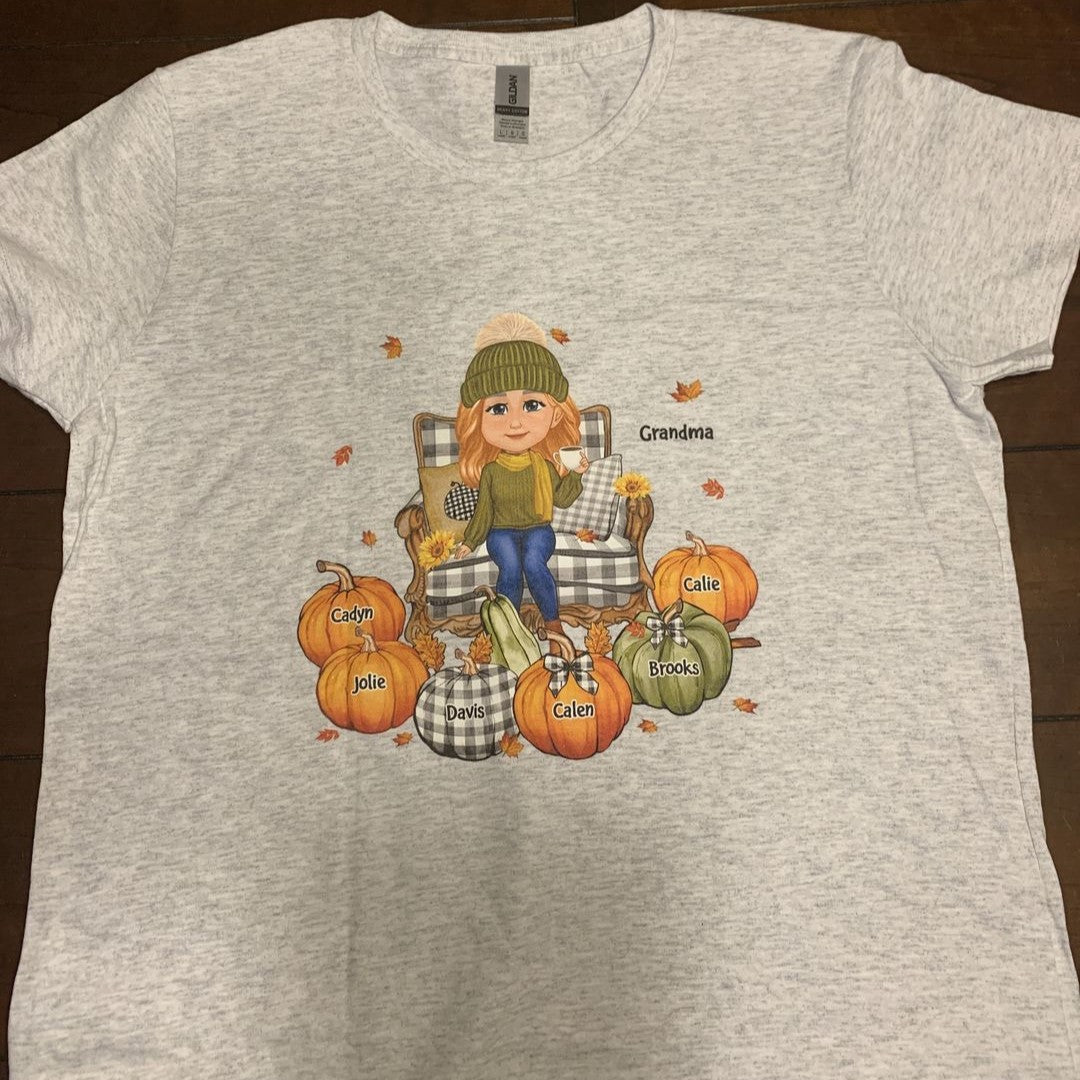 Grandma Sitting On Chair Pumpkins - Personalized Shirt - Gift For Grandma