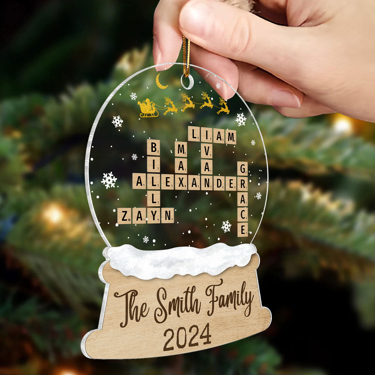 Snow Globe Christmas Sleigh Family Puzzle Crossword Personalized Acrylic Ornament, Christmas Gift For Family