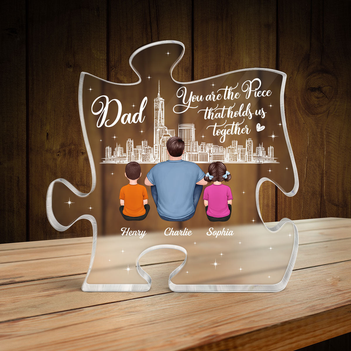 Dad You Are The Piece That Holds Us Together Back View Man Sitting With Kids Dogs Cats Personalized Puzzle Acrylic Block Plaque