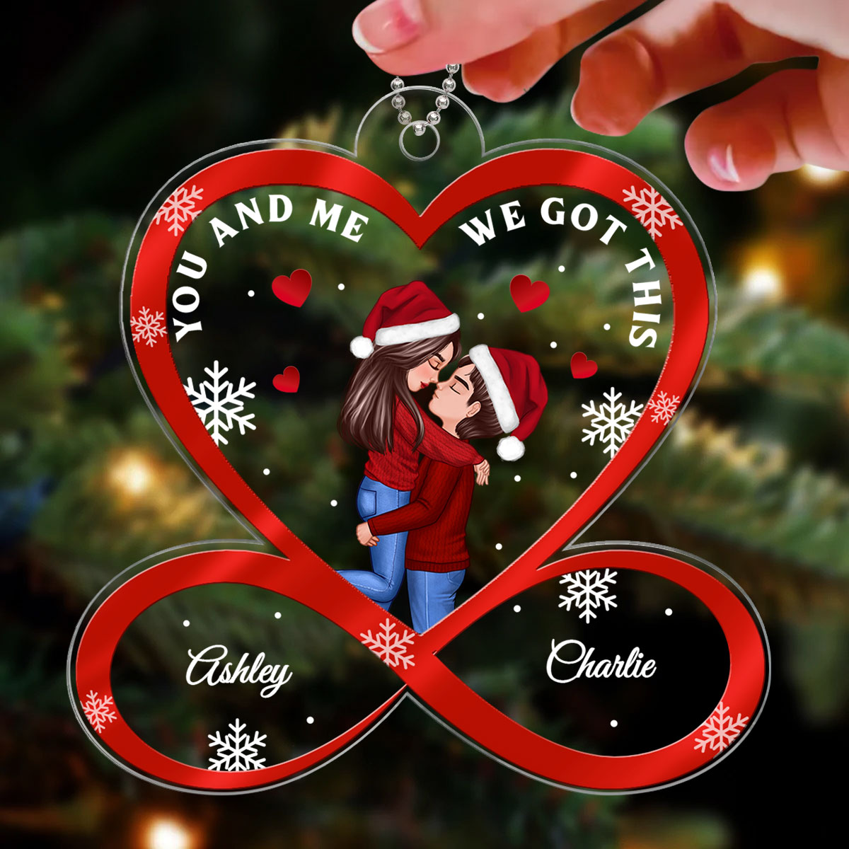Christmas Doll Couple Hugging Kissing Infinity Heart Personalized Acrylic Ornament