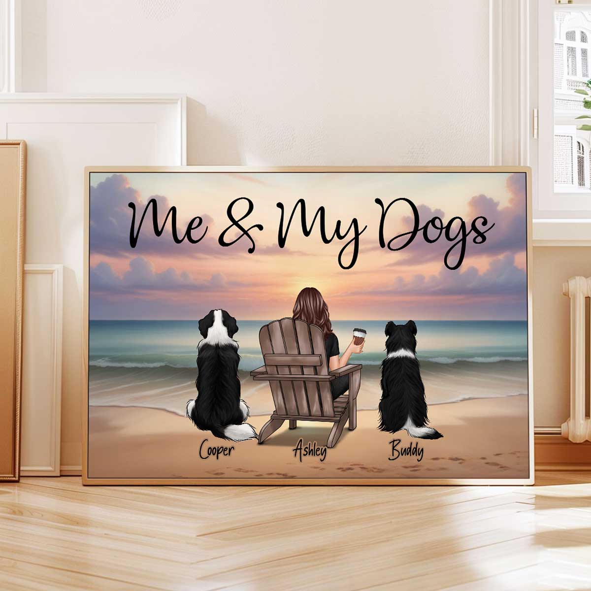 Single Person Me And The Dogs Cats Realistic Beach Landscape Personalized Poster