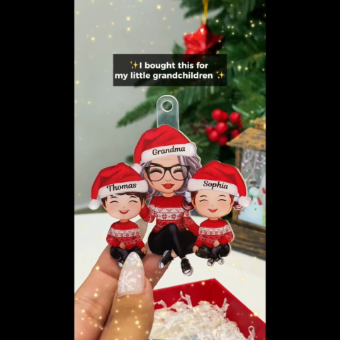 Christmas Grandma Grandson Granddaughter Happy Face Sitting Personalized Acrylic Ornament