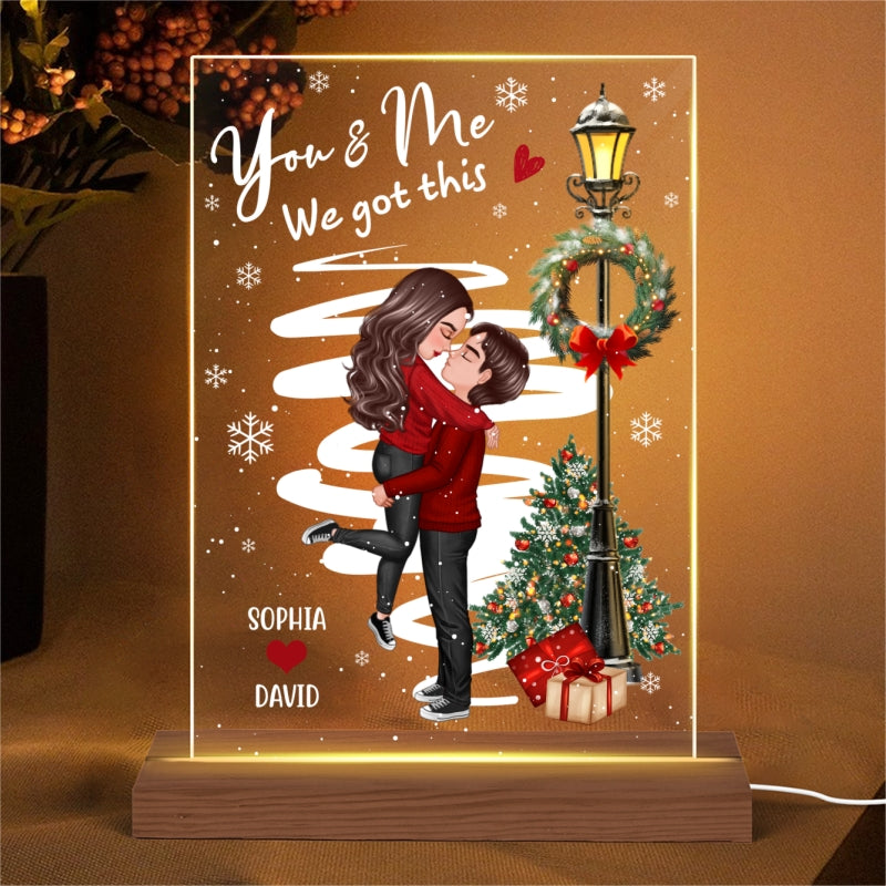 Winter Couple Hugging Kissing Snow Personalized Rectangle Acrylic LED Night Light