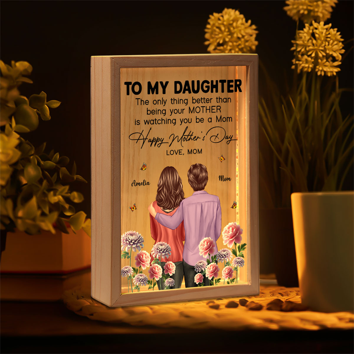 To My Daughter From Mom Happy Mother's Day Birth Flower Personalized Wooden Frame LED Light Box, Gift For Daughter