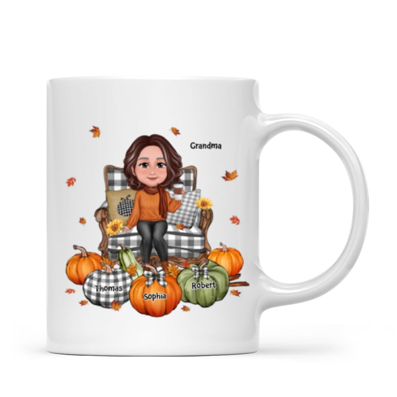 Grandma Sitting On Chair Pumpkins Personalized Mug
