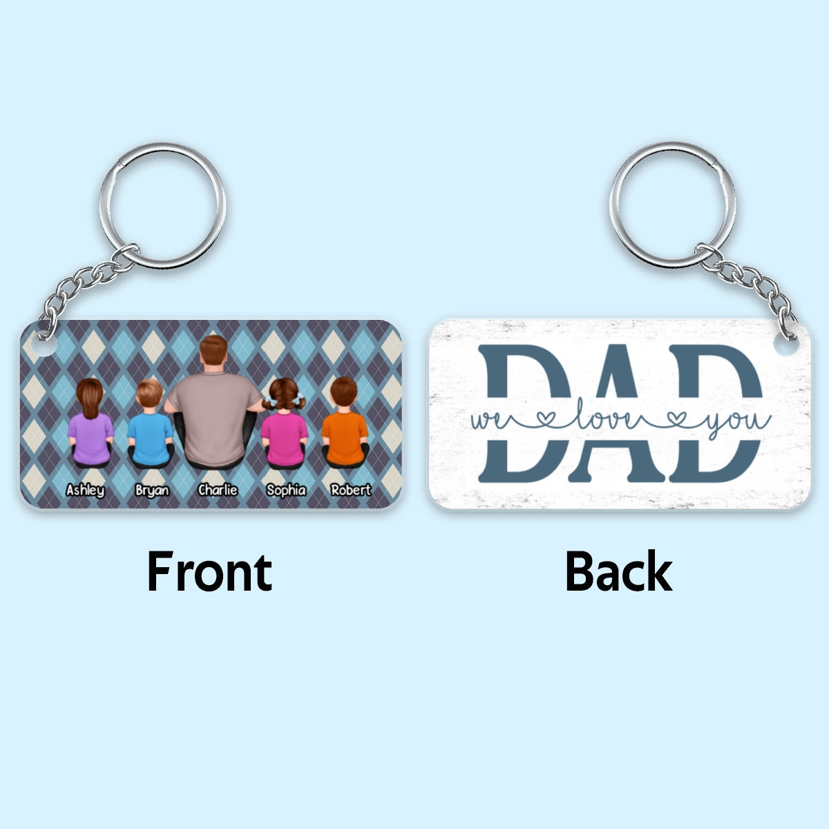 Dad And Kids Dogs Cats Back View Argyle Pattern Personalized Acrylic Keychain