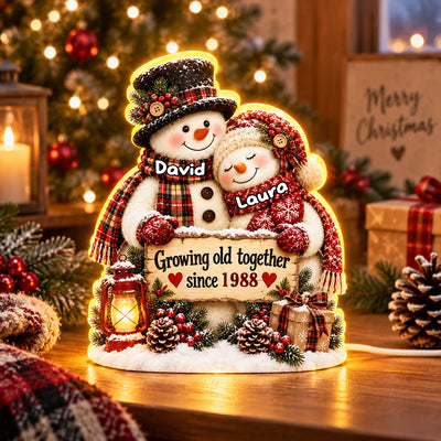 Snowman Couple Hugging Growing Old Together - Personalized Light Box - Heartfelt Christmas Gift for Her, for Him