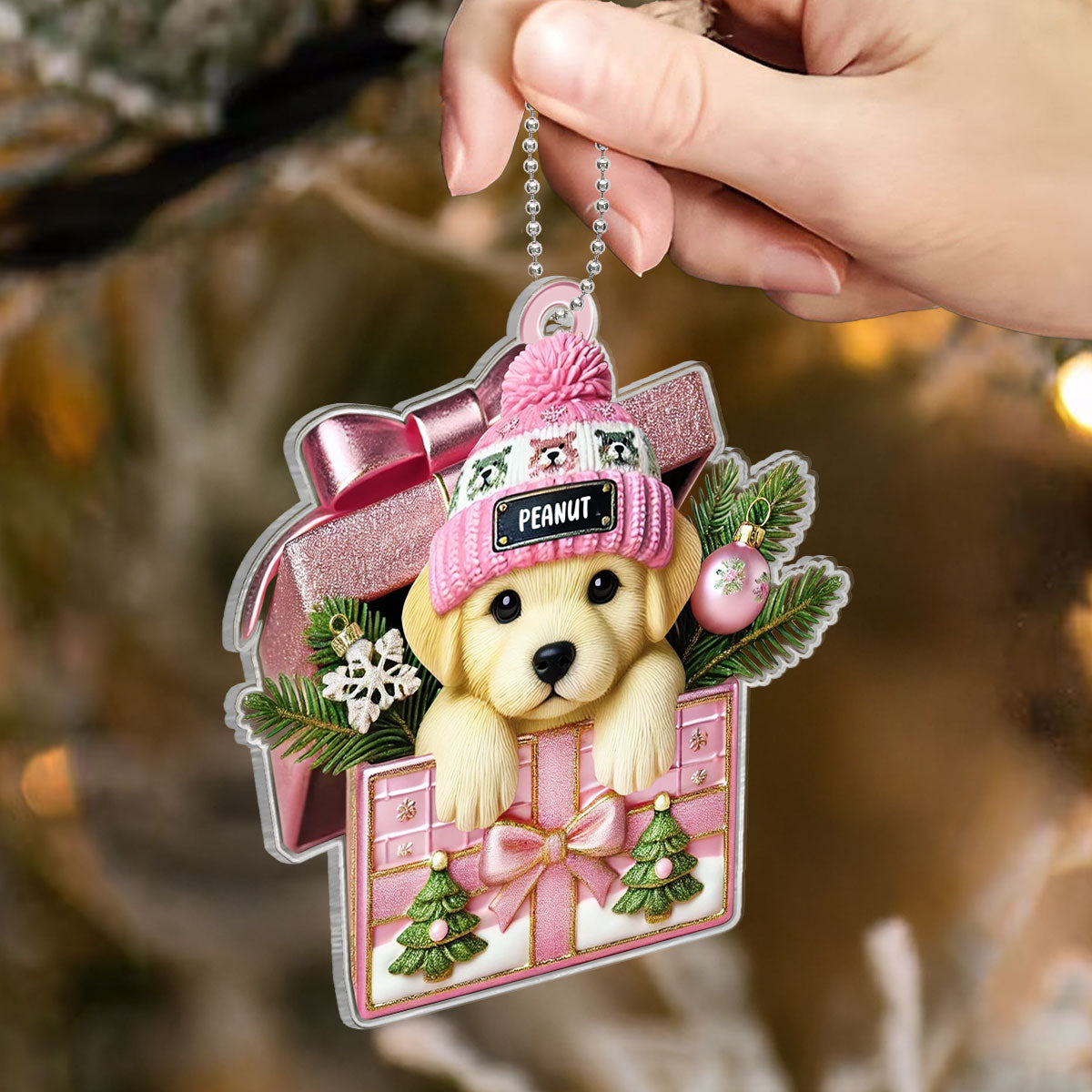 Cute Labrador Dog Inside Gift Box Personalized 2D Flat Acrylic Ornament, Christmas Gift for Dog Lovers