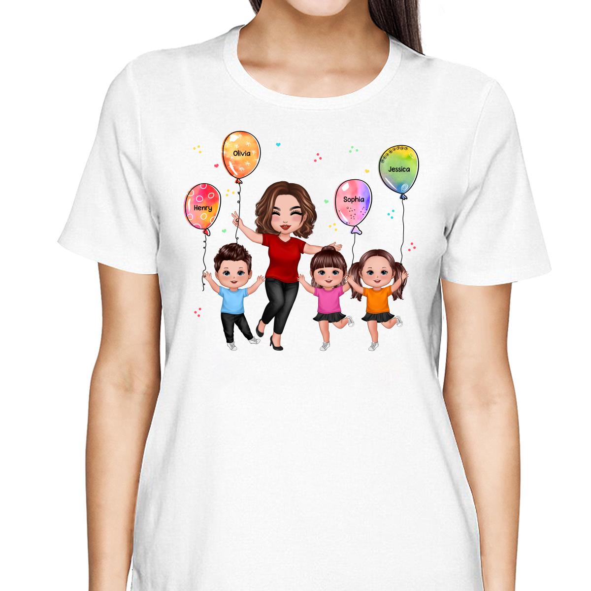 Happy Doll Grandma Mom & Doll Kids Holding Balloons Personalized Shirt