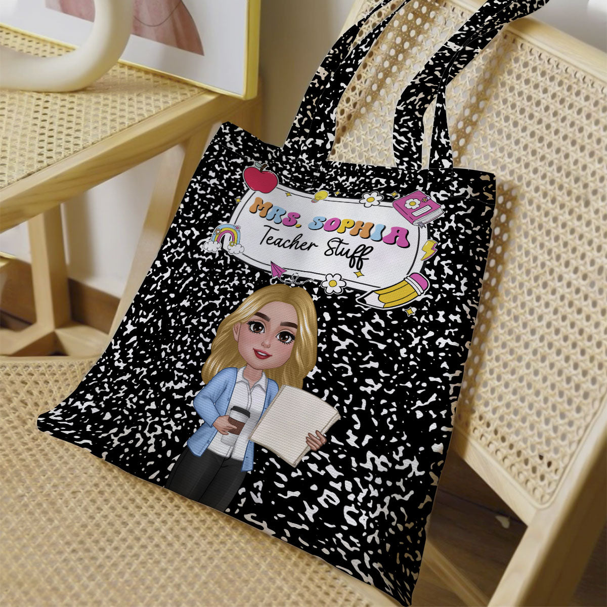 Teacher Composition Book Pattern Personalized Tote Bag, Back To School Gift For Teacher
