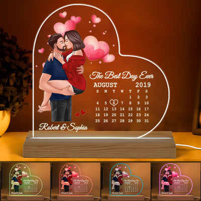 Man Holding Woman Kissing Calendar Anniversary Date Anniversary Personalized Heart Shaped Acrylic Plaque With LED Night Light