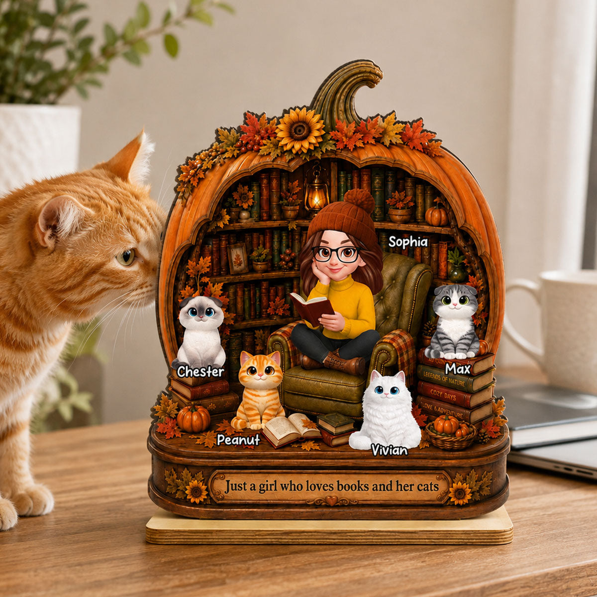 Reading Girl Who Loves Books And Her Cats - Personalized 2-Layered Wooden Plaque - Fall Season Decor Gift, Gift For Book Lovers