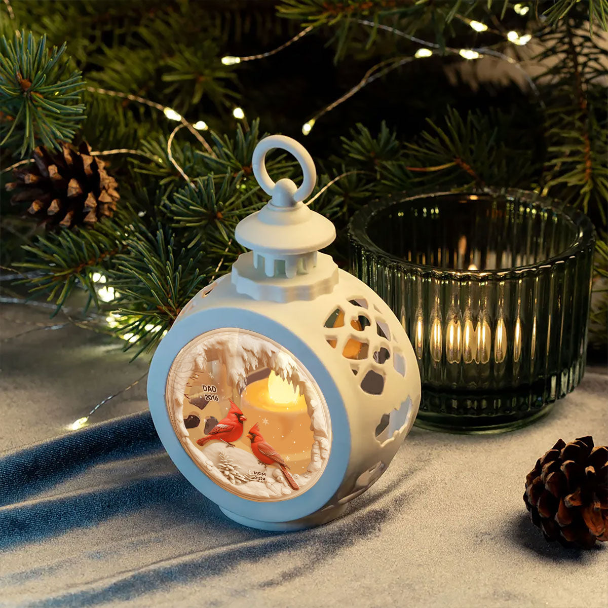 Cardinals In Winter Cave Christmas Personalized Lantern Ornament, Remembrance Gift, Sympathy Gift