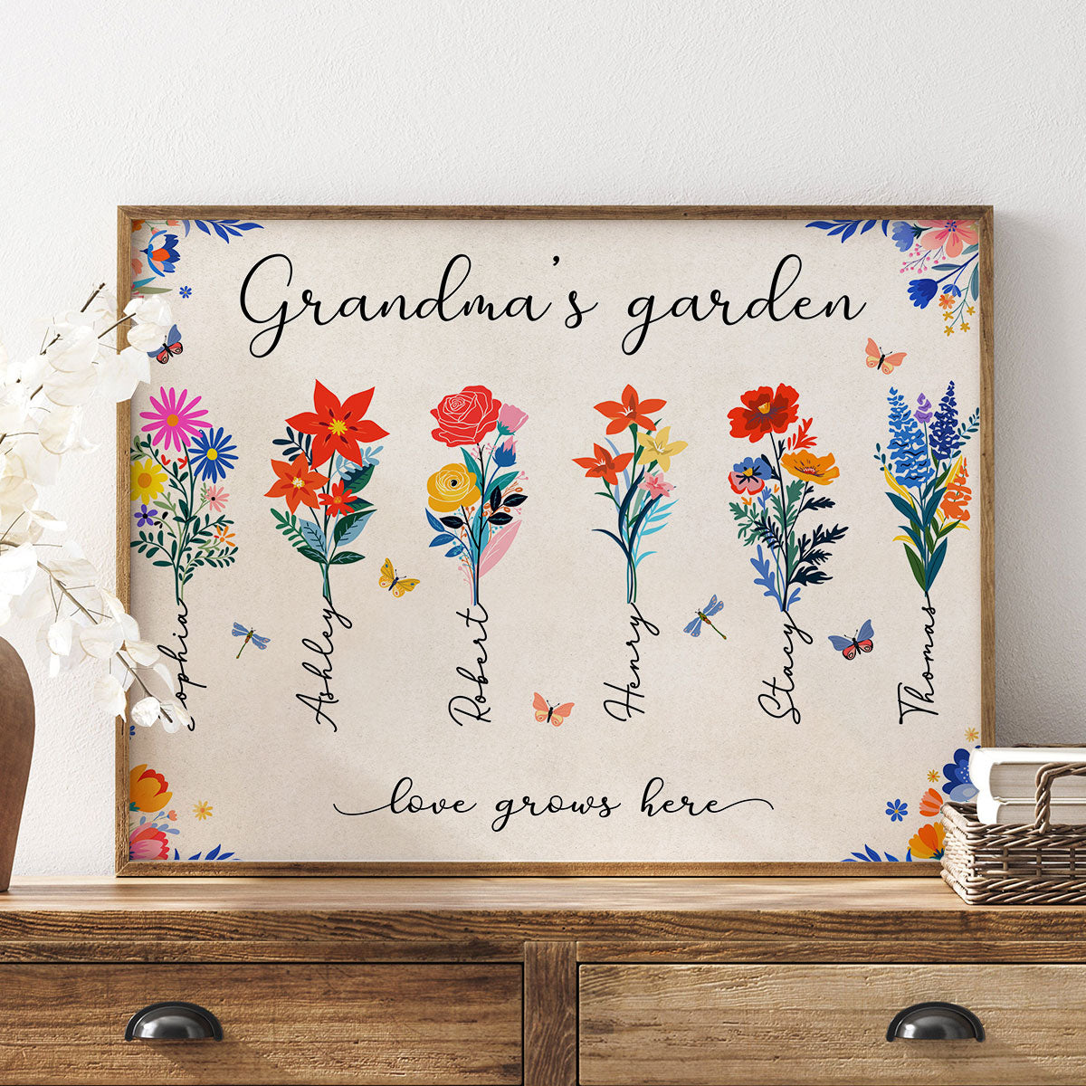Grandma's Garden Modern Botanical Folk Art Birth Month Flower Personalized Poster, Gift For Grandma