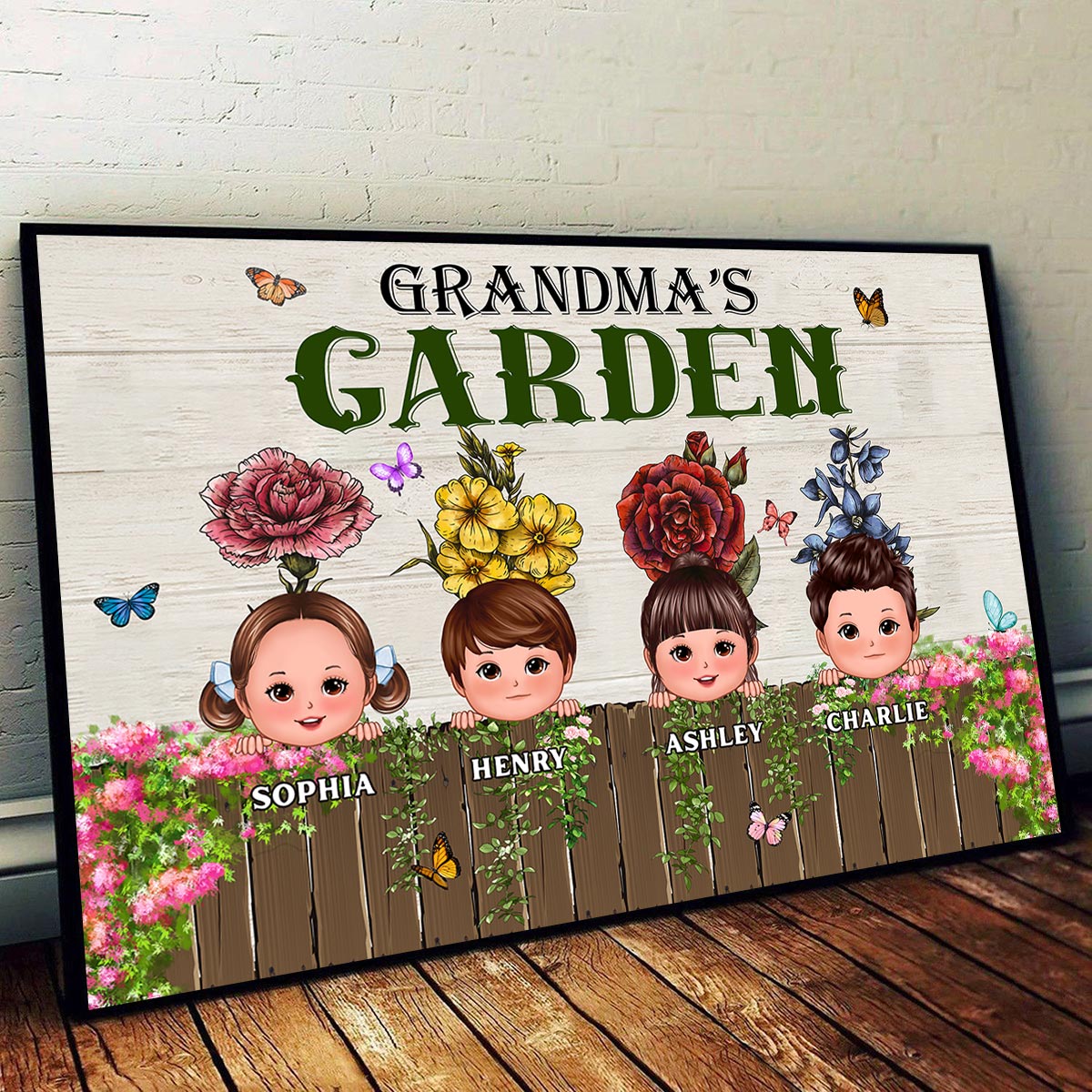 Peeking Kids Grandma‘s Garden Personalized Horizontal Poster