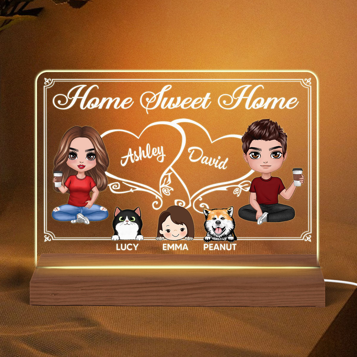 Doll Couple Dad Mom Kids Dogs Cats Sitting Home Sweet Home Personalized Custom Shape Acrylic Plaque LED Night Light