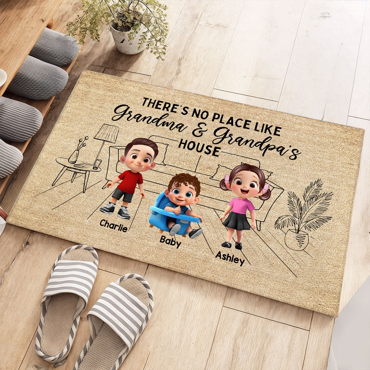 There's No Place Like Grandma Grandpa House Outline Background Personalized Doormat