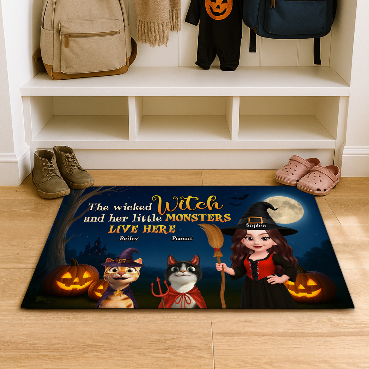 Spooky Halloween Theme Wicked Witch And Monsters Cats Personalized Doormat
