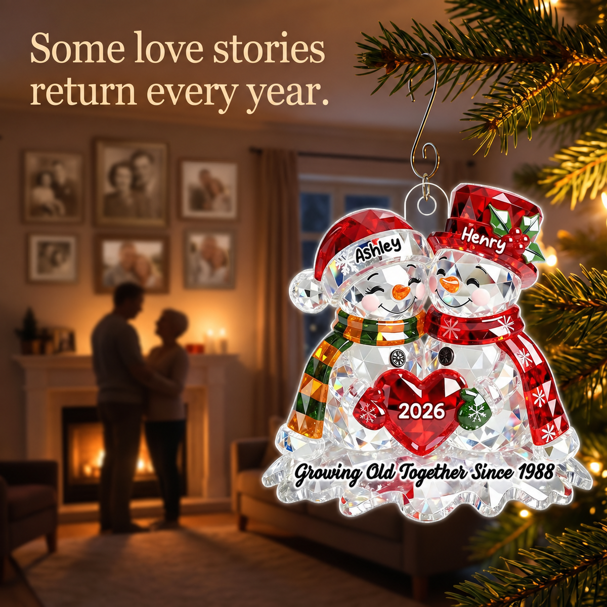 Snowman Couple 3D Crystal Effect - Personalized Acrylic Ornament - Christmas Gift for Couple