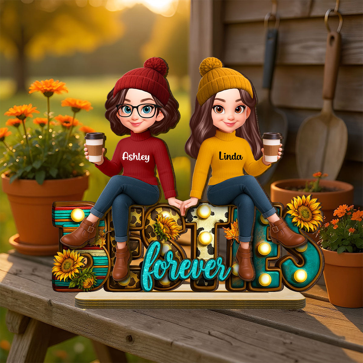 Western Fall Vibe Besties Sitting Personalized Standing Wooden Plaque, Fall Gift for Best Friends