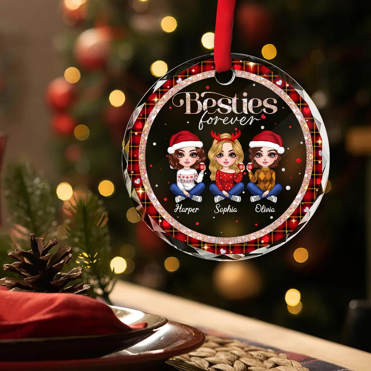 Sparkling Checkered Pattern Lovely Besties Personalized Glass Ornament