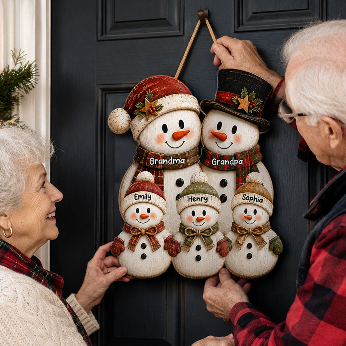Rustic Grandpa Grandma Grandkids Snowman - Personalized Wood Sign - Christmas Decoration For Grandparents