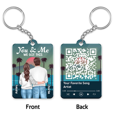 Retro Back View Couple Standing Hugging Favorite Song QR Code Personalized Acrylic Keychain